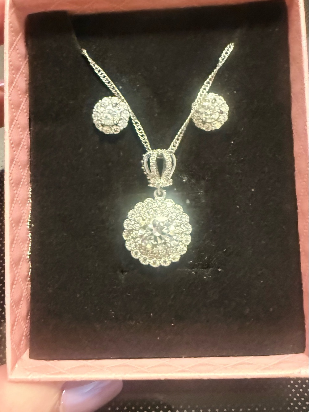 Moissanite Sterling Silver Crystal Flower Pendant Necklace and Stud Earring Set